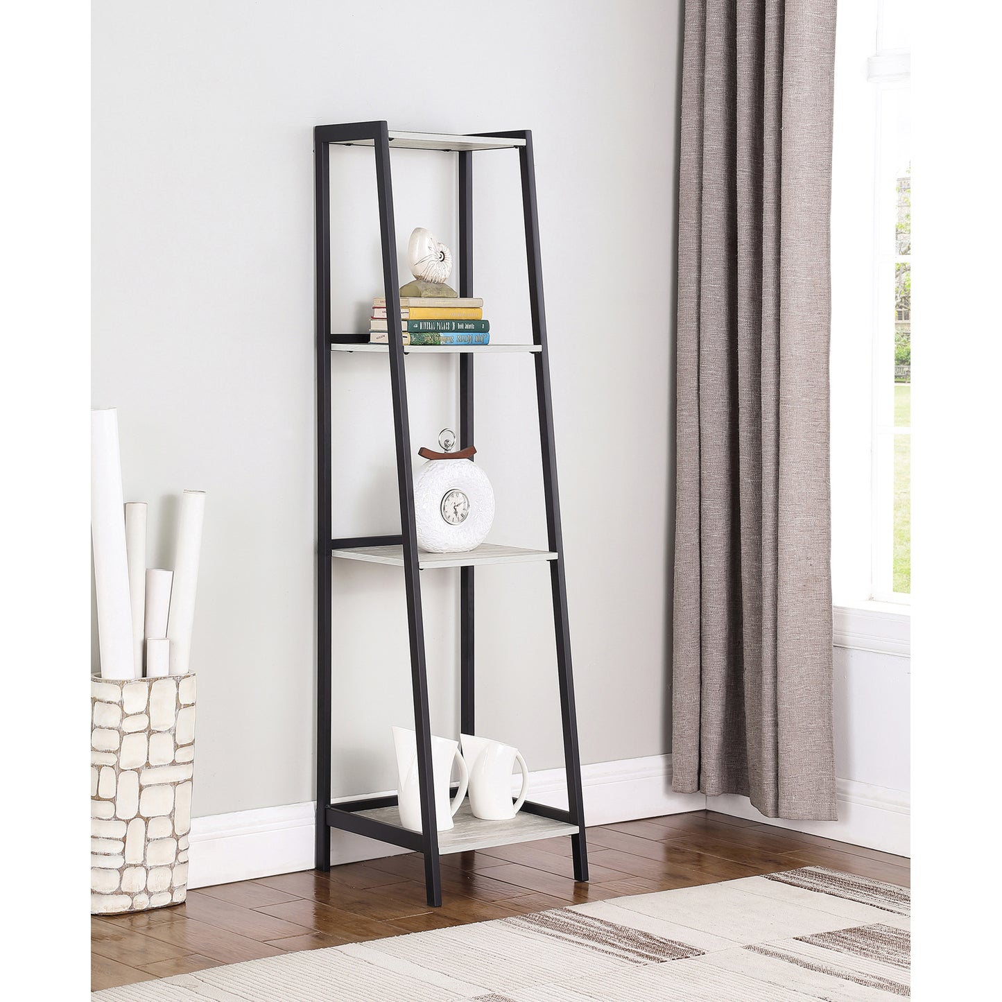 Pinckard 4-shelf Ladder Bookcase Grey Stone Herringbone and Black