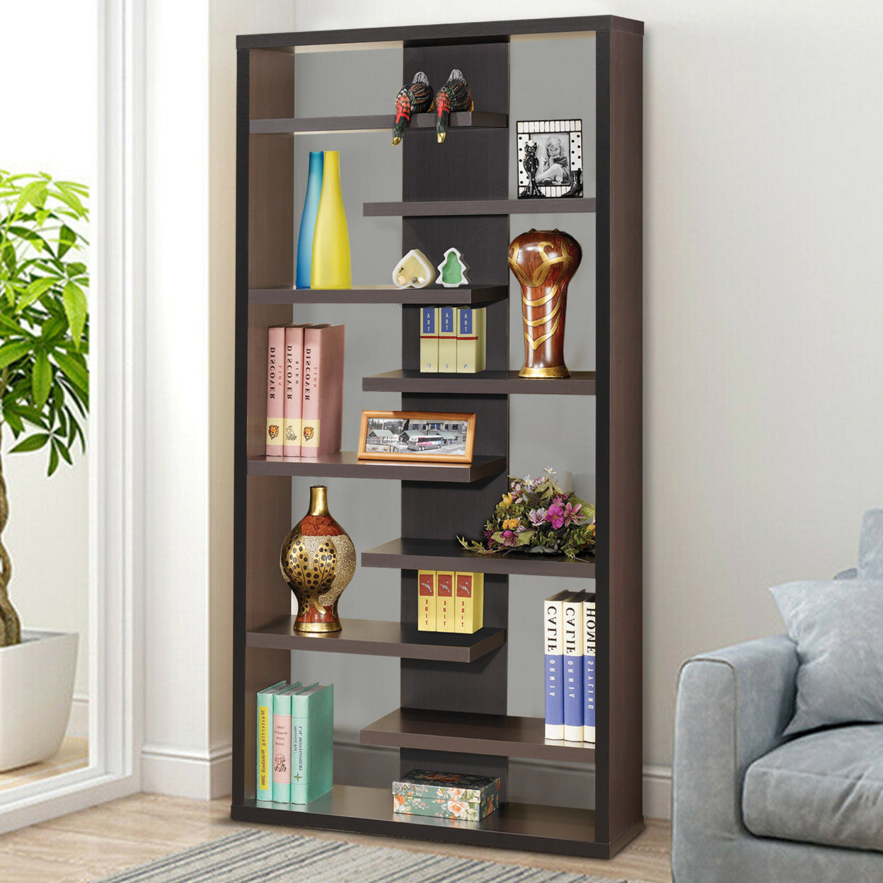 Bookcase with Staggered Floating Shelves Cappuccino