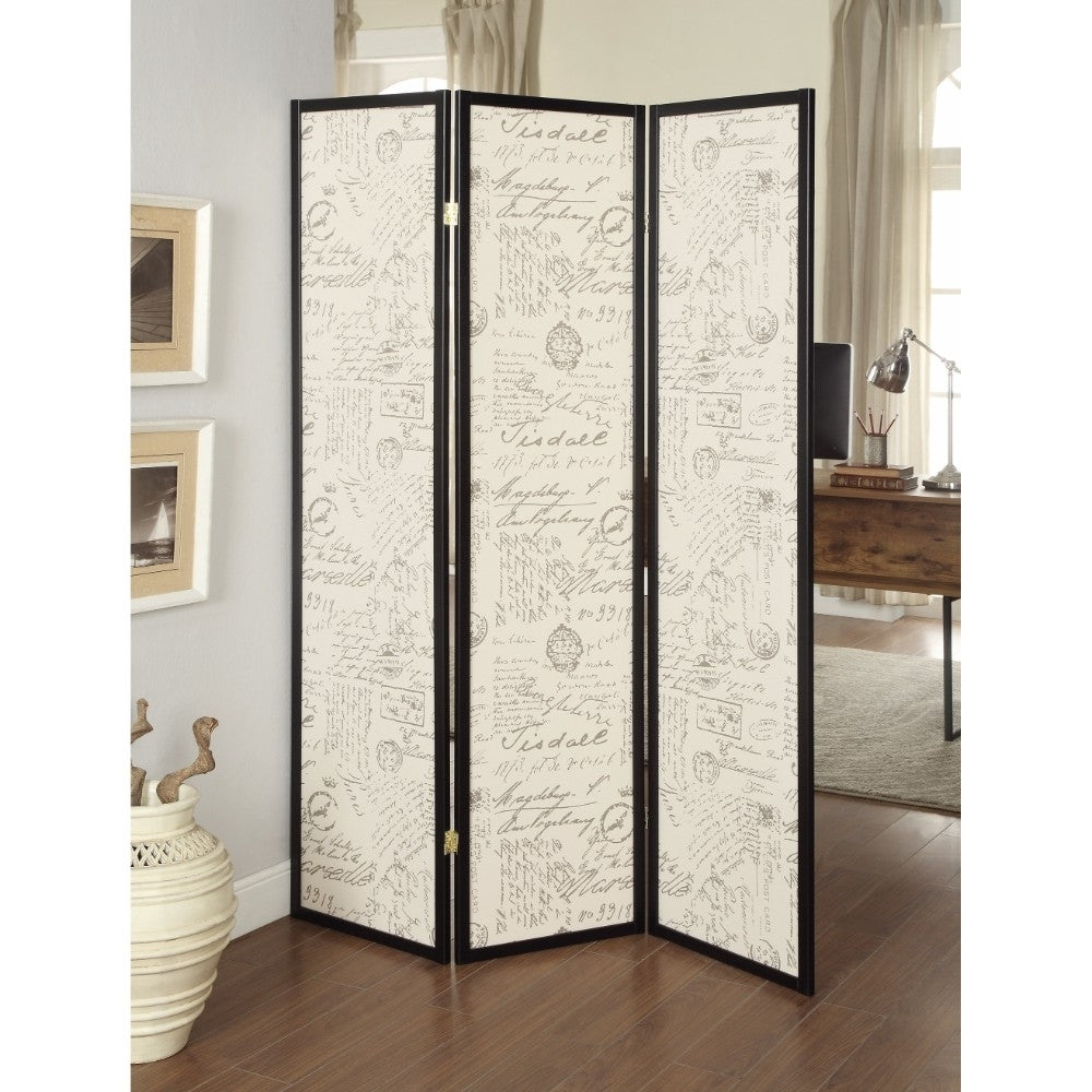 3-panel French Script Print Folding Screen Espresso