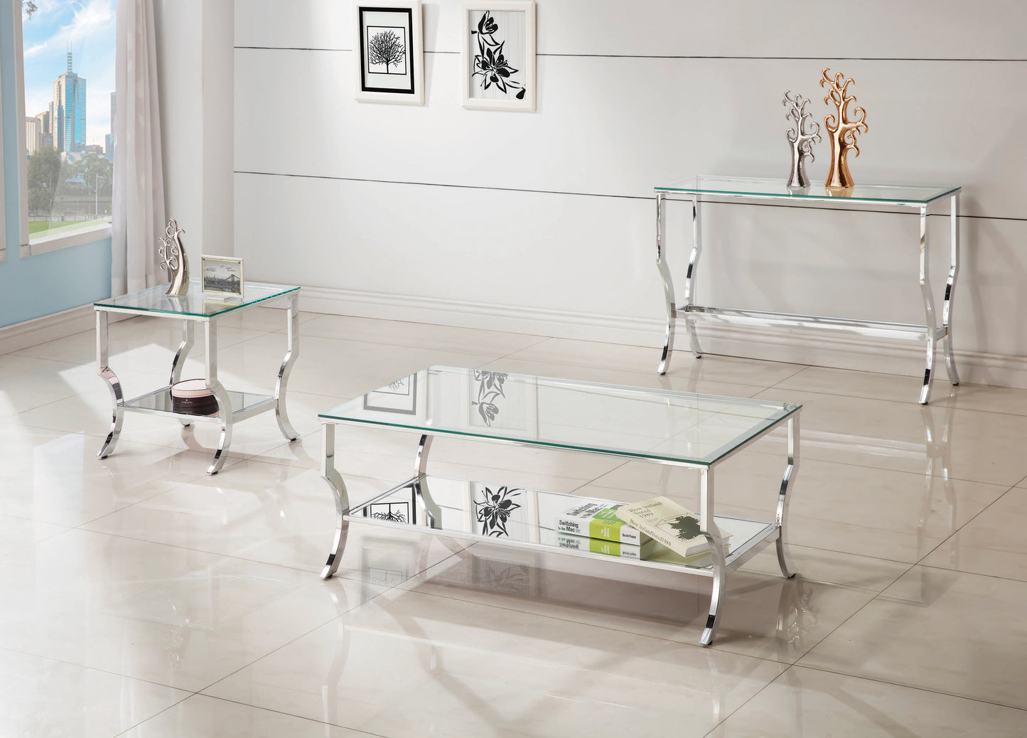 Rectangular Sofa Table with Mirrored Shelf Chrome