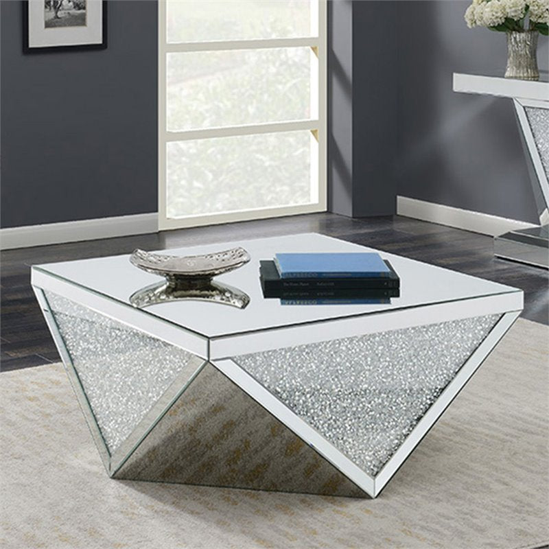 Square Coffee Table with Triangle Detailing Silver and Clear Mirror