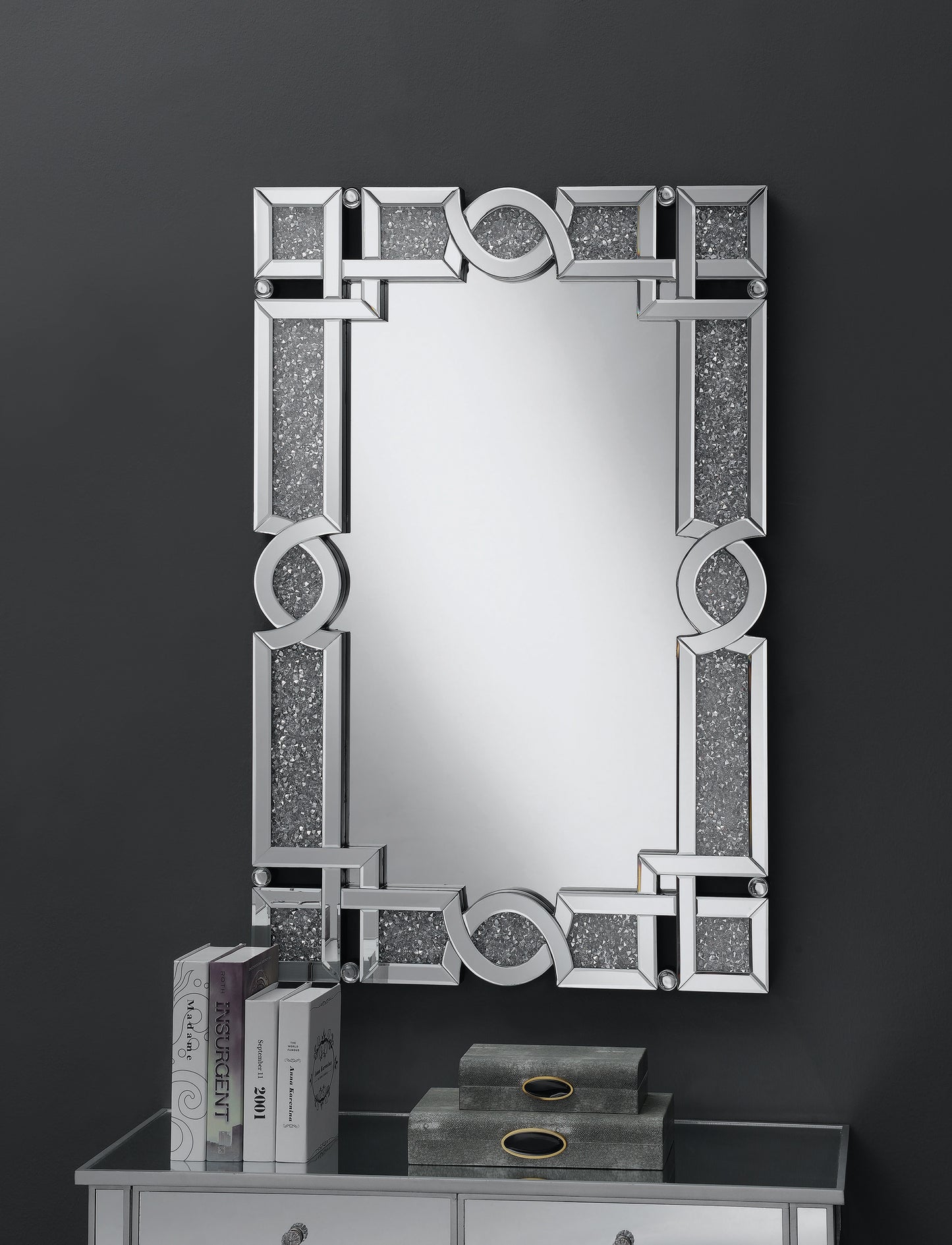 Interlocking Wall Mirror with Iridescent Panels and Beads Silver