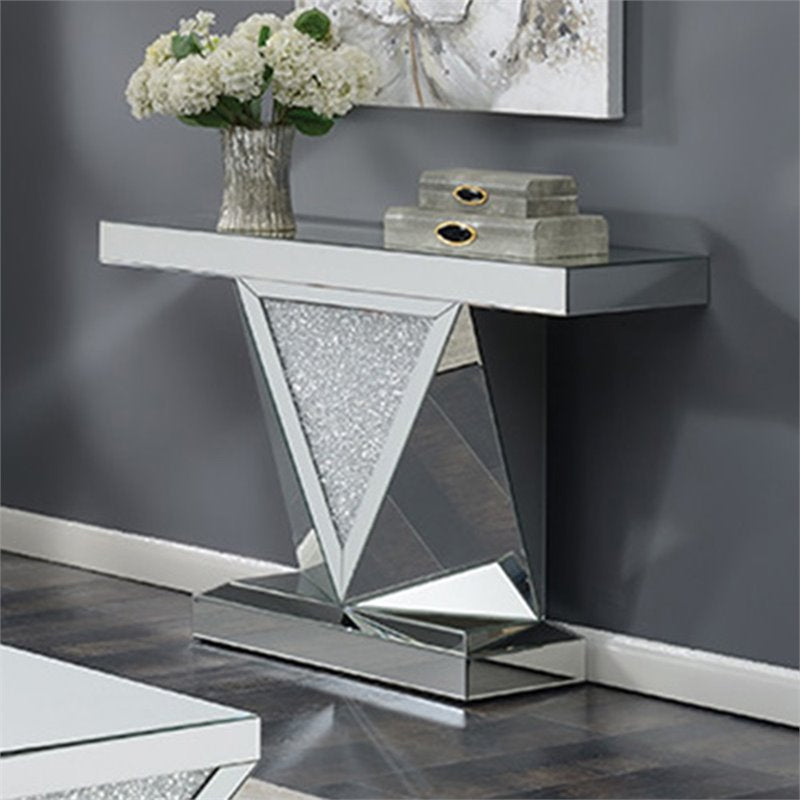 Rectangular Sofa Table with Triangle Detailing Silver and Clear Mirror