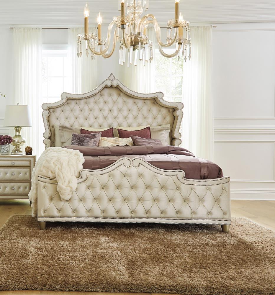 Antonella Upholstered Tufted Eastern King Bed Ivory and Camel