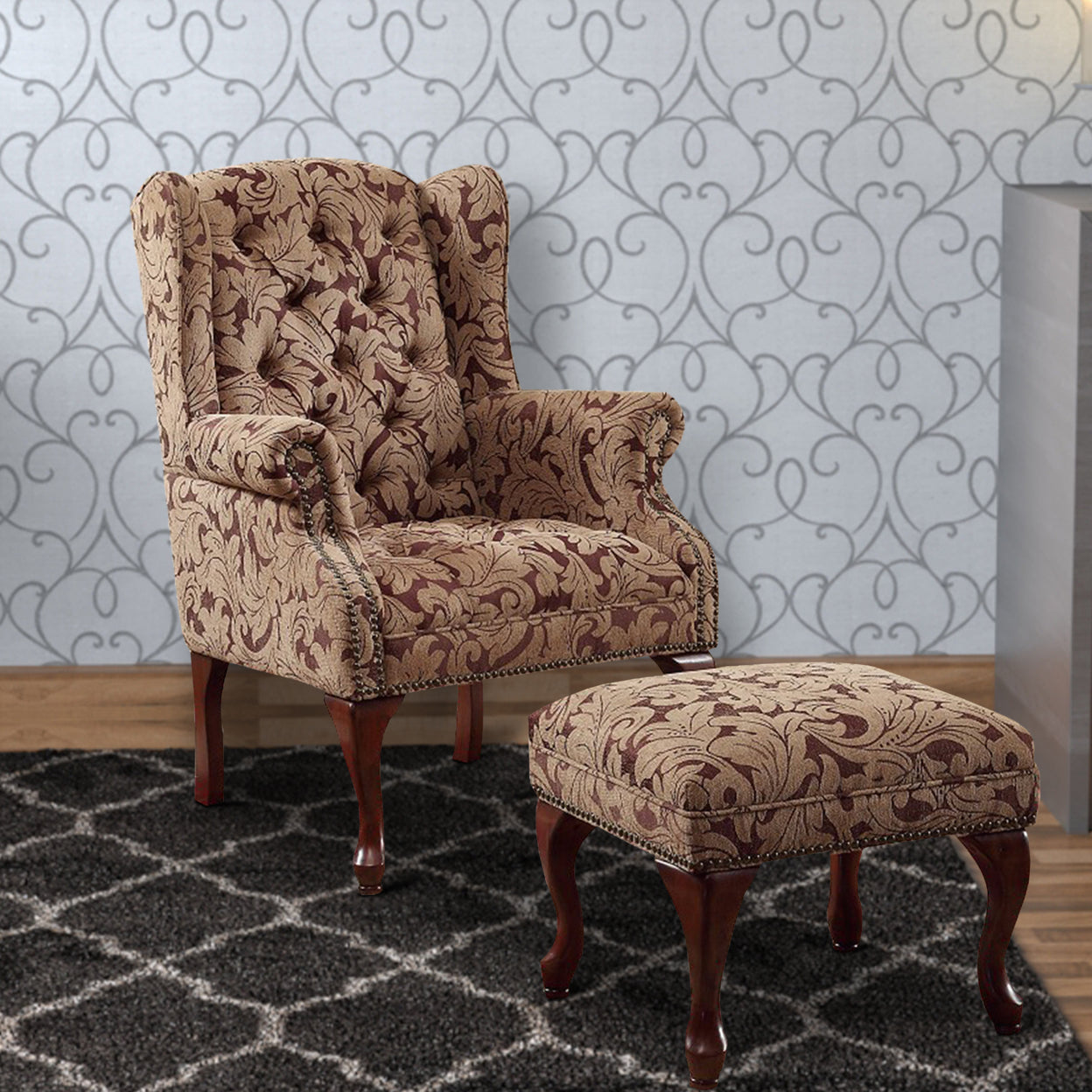 Tufted Back Accent Chair and Ottoman Light Brown and Burgundy