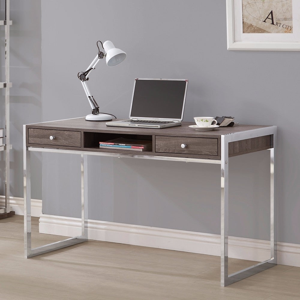 Wallice 2-drawer Writing Desk Weathered Grey and Chrome