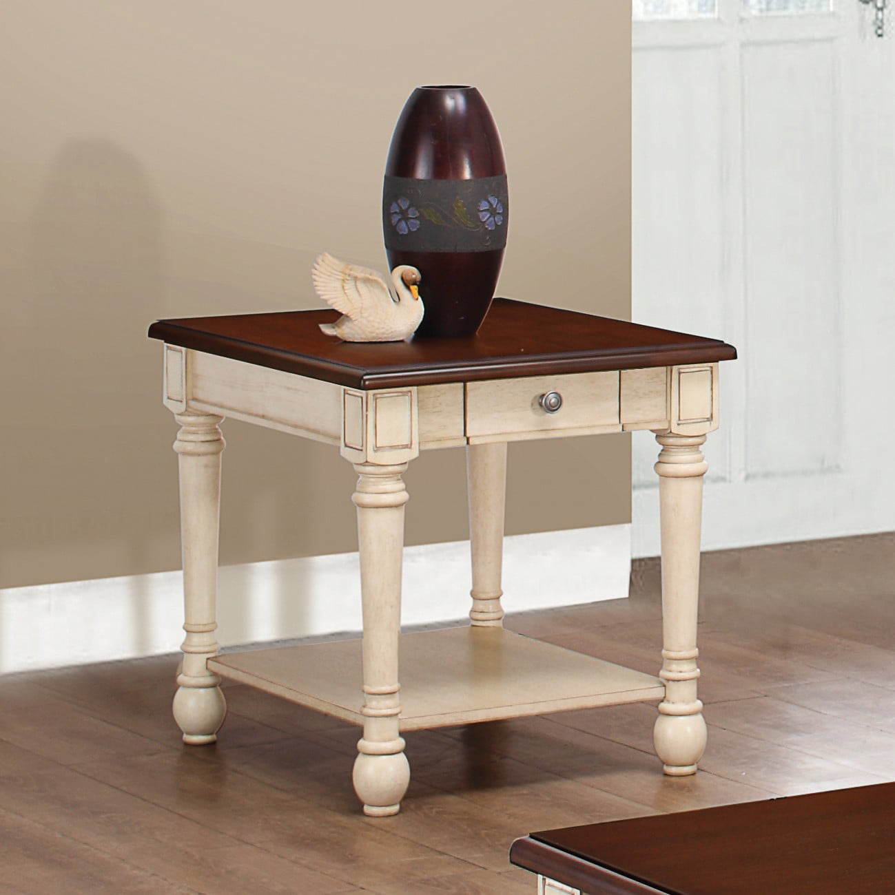 Rectangular End Table Dark Cherry and Antique White