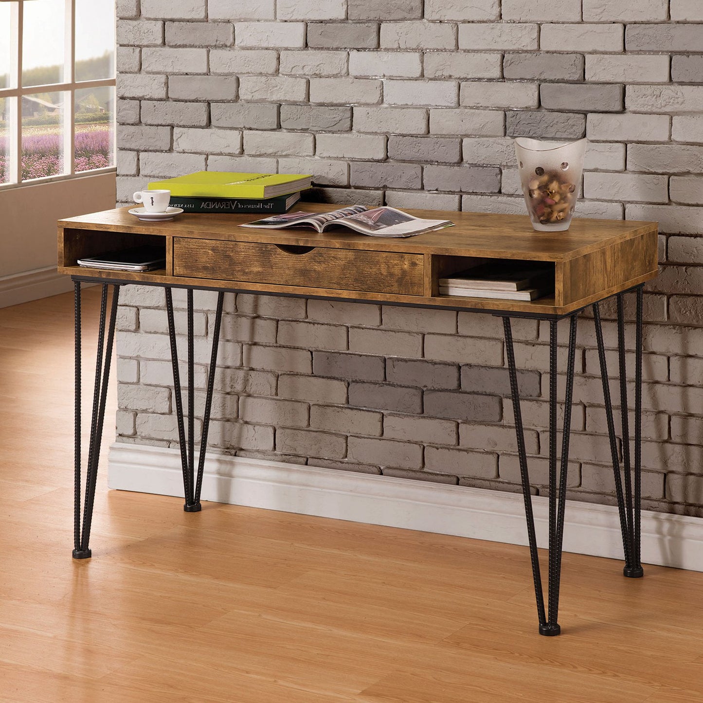 Olvera 1-drawer Writing Desk Antique Nutmeg and Dark Bronze