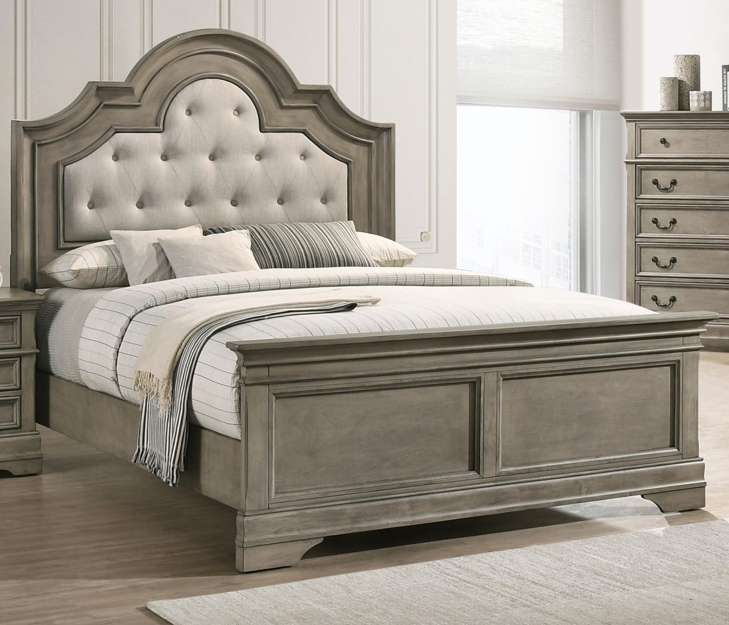 Manchester Bed with Upholstered Arched Headboard Beige and Wheat