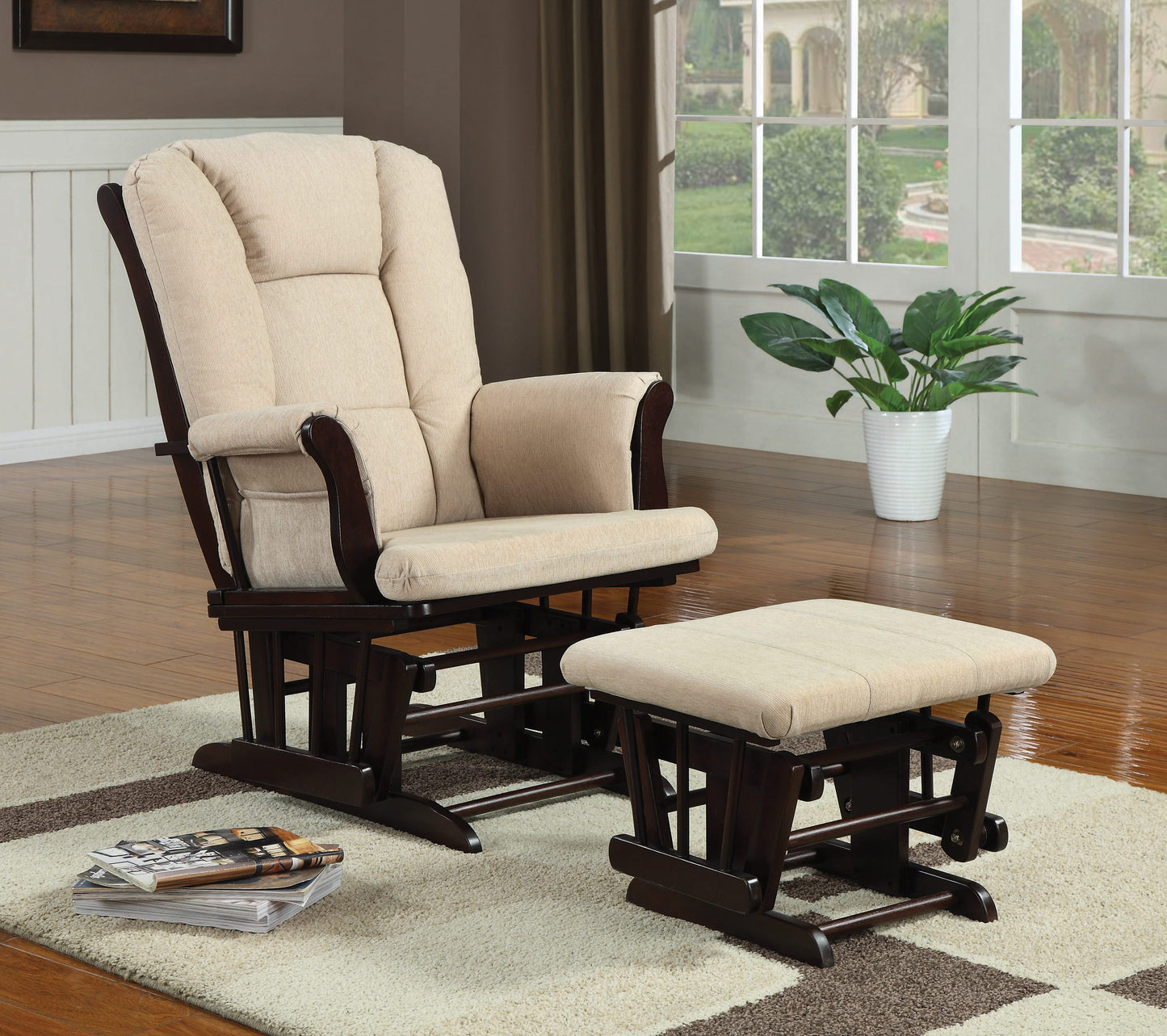 Upholstered Glider with Ottoman Beige and Espresso