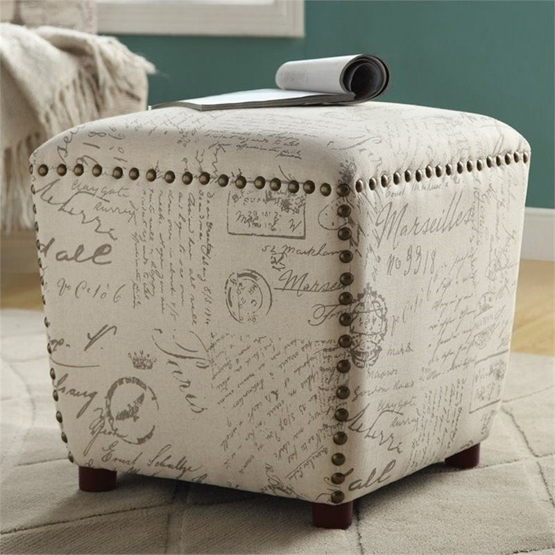 Upholstered Ottoman with Nailhead Trim Off White and Grey