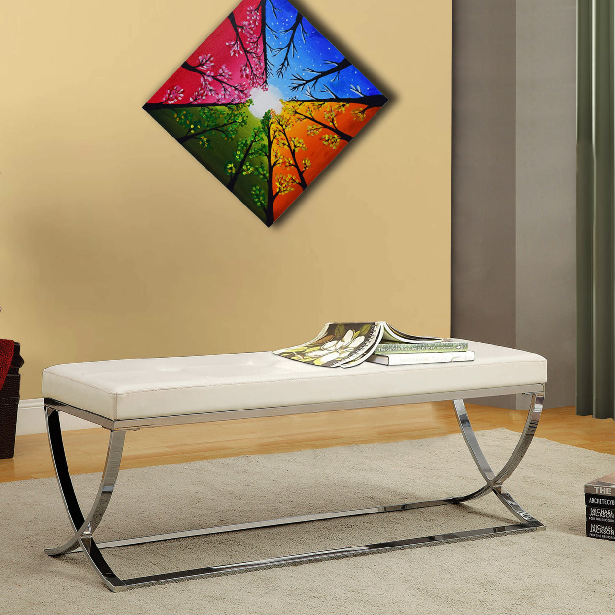 Bench with Metal Base White and Chrome