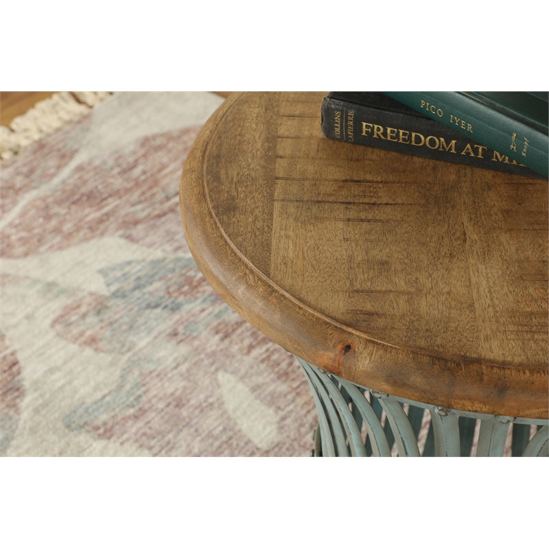 Round Accent Table with Natural Top and Blue Distressed Base