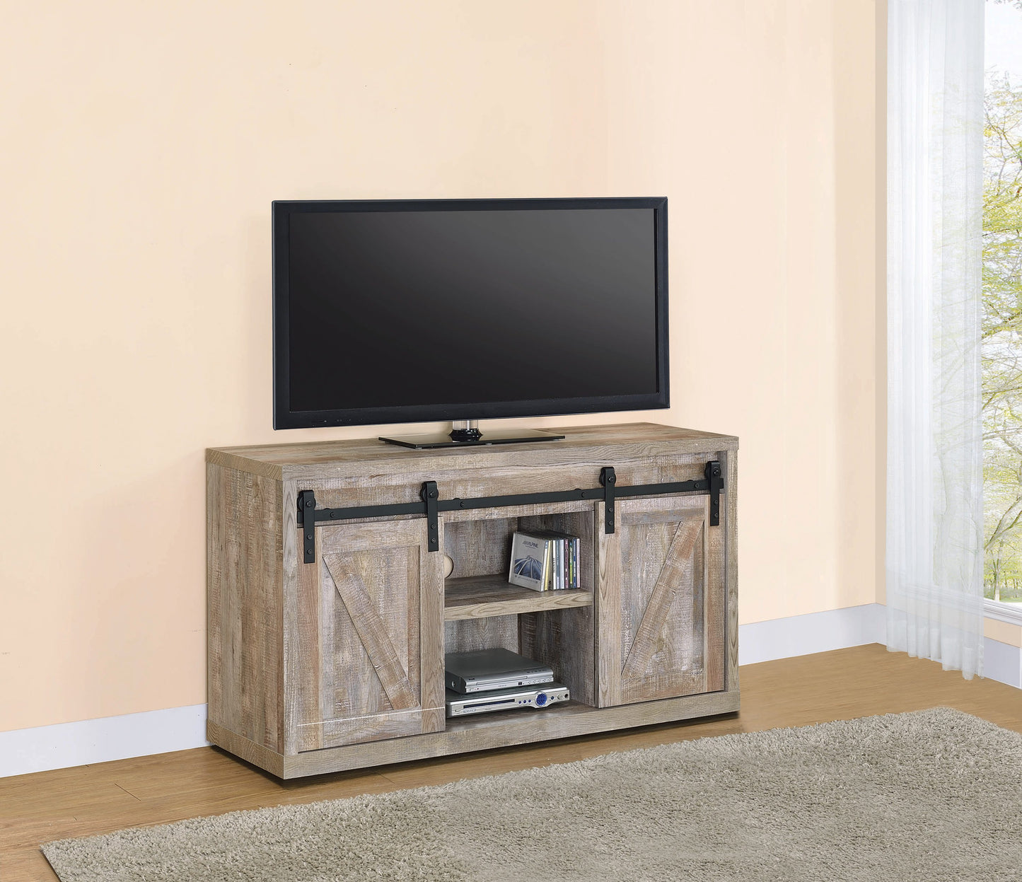 48-inch 3-shelf Sliding Doors TV Console Weathered Oak