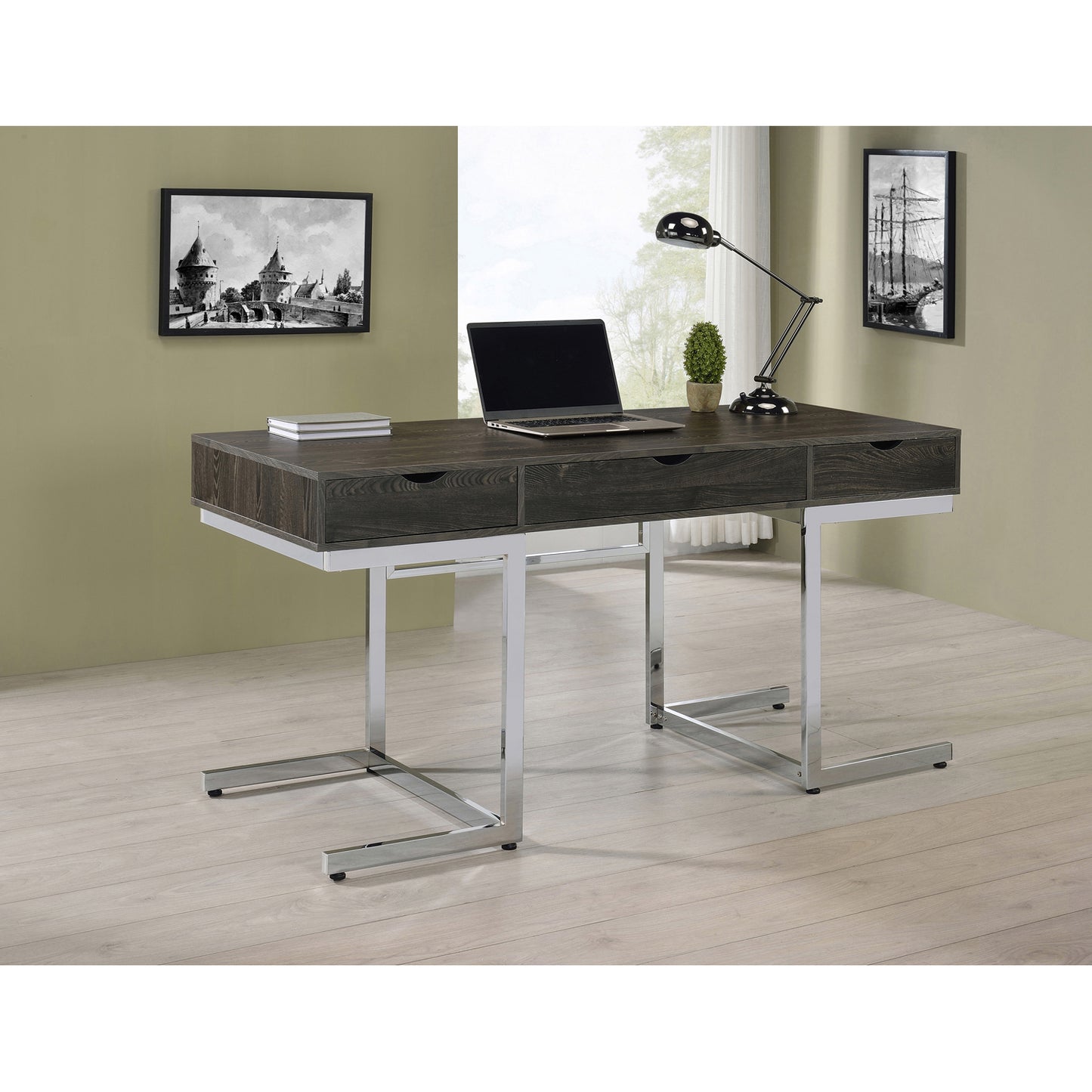 Noorvik 3-drawer Writing Desk Dark Oak and Chrome