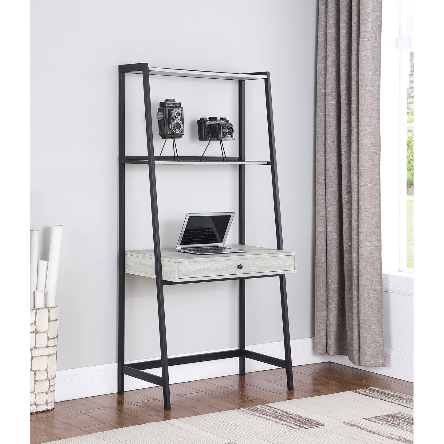 Pinckard 1-drawer Ladder Desk Grey Stone Herringbone and Black