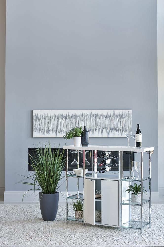 Gallimore 2-door Bar Cabinet with Glass Shelf High Glossy White and Chrome