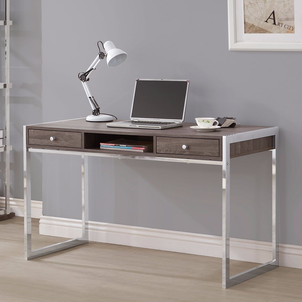 Wallice 2-drawer Writing Desk Weathered Grey and Chrome