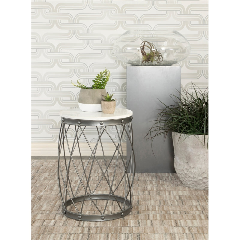 Round Accent Table with Marble Top White and Black