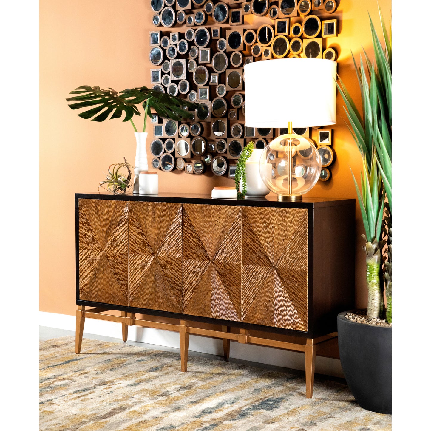 Sunburst 4-door Accent Cabinet Brown and Antique Gold