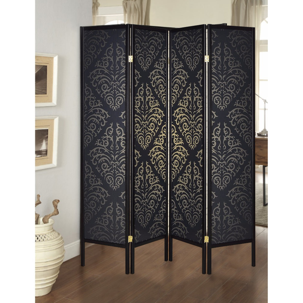 4-panel Damask Pattern Folding Screen Black