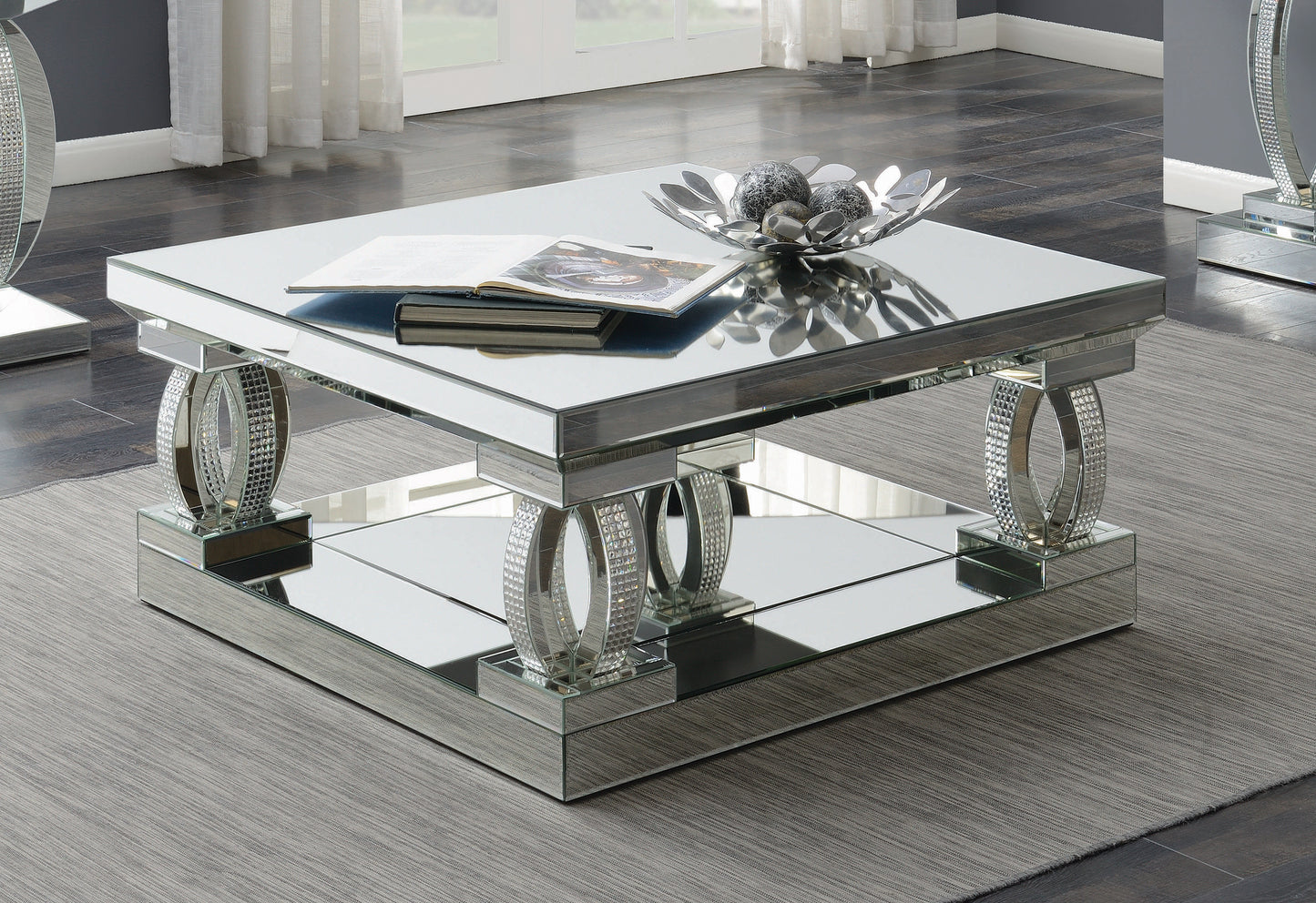 Avonlea Square Coffee Table with Lower Shelf Clear Mirror