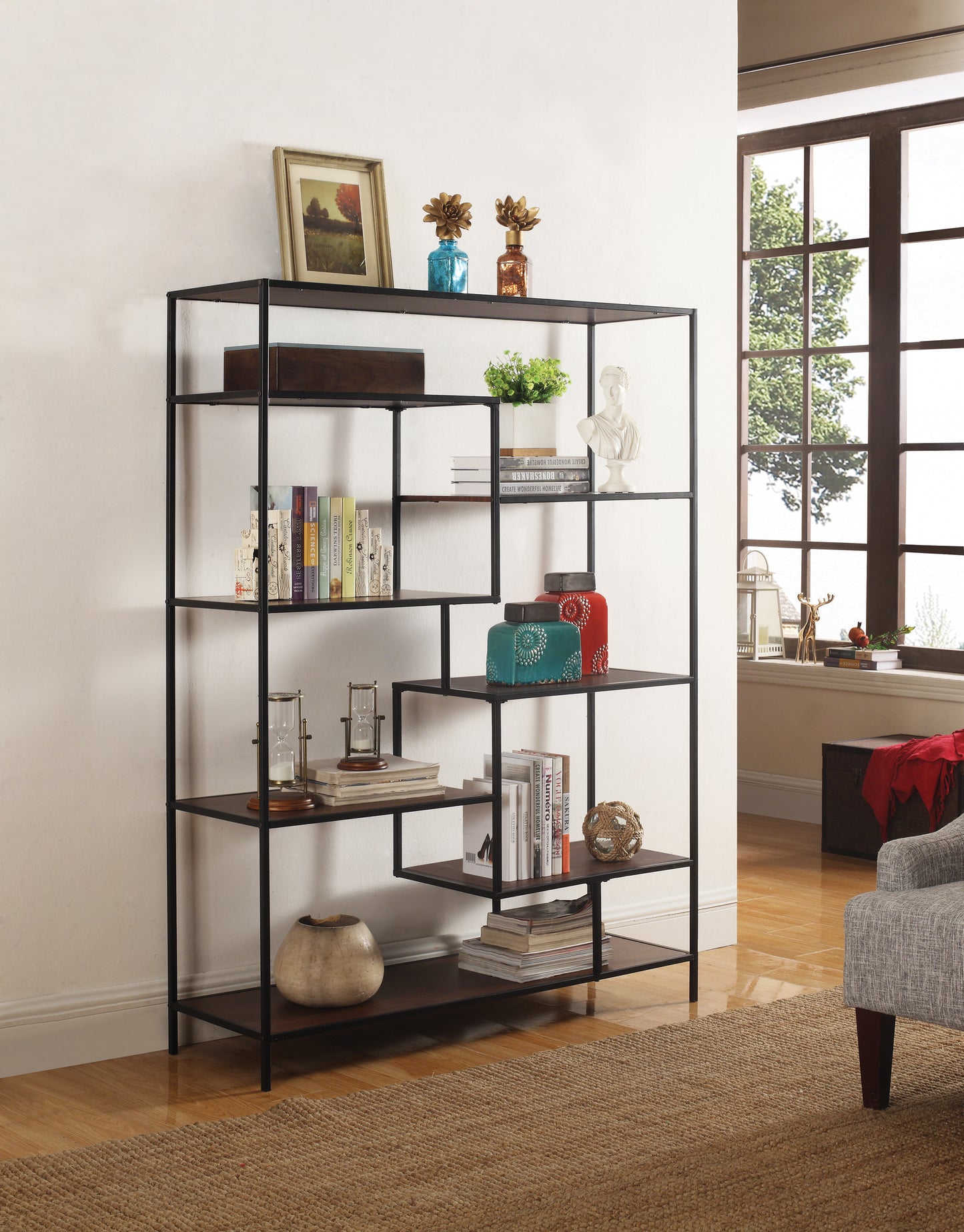 Asher 7-shelf Geometric Bookcase Walnut