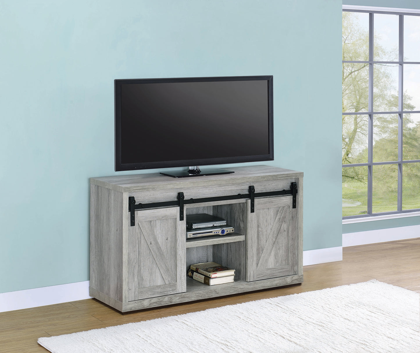 48-inch 3-shelf Sliding Doors TV Console Grey Driftwood