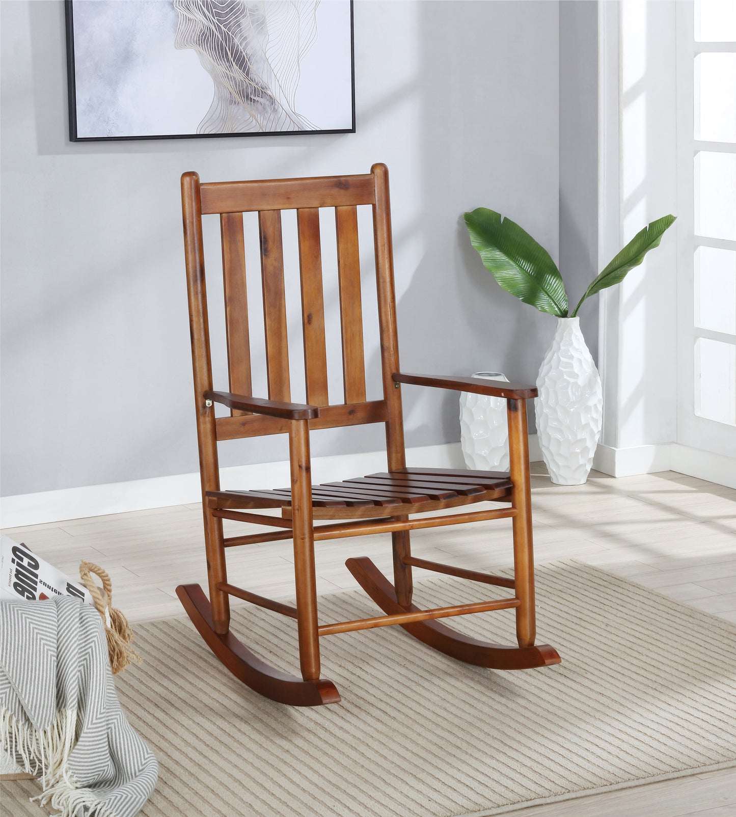 Slat Back Wooden Rocking Chair Golden Brown