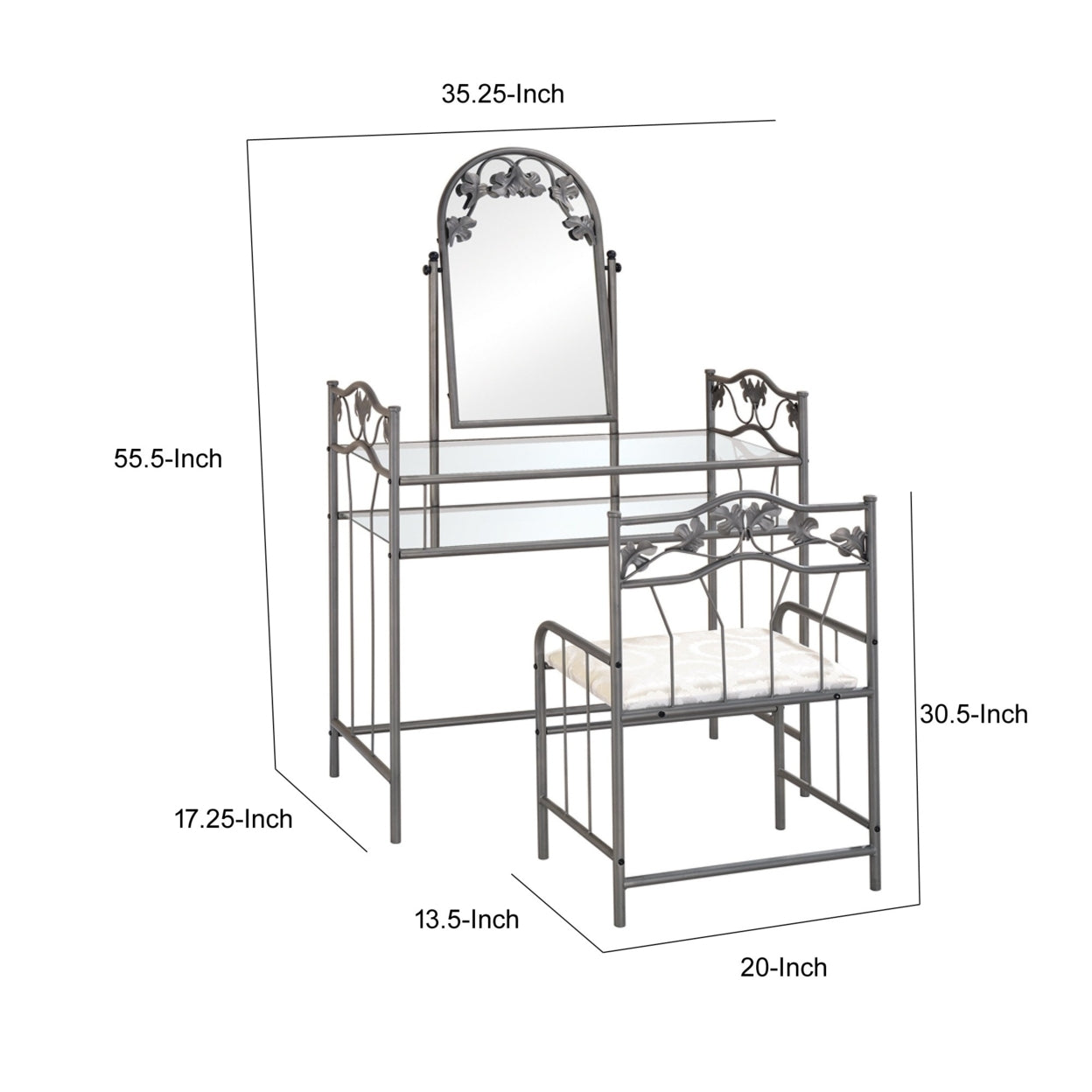 2-piece Metal Vanity Set with Glass Top Pewter and Ivory