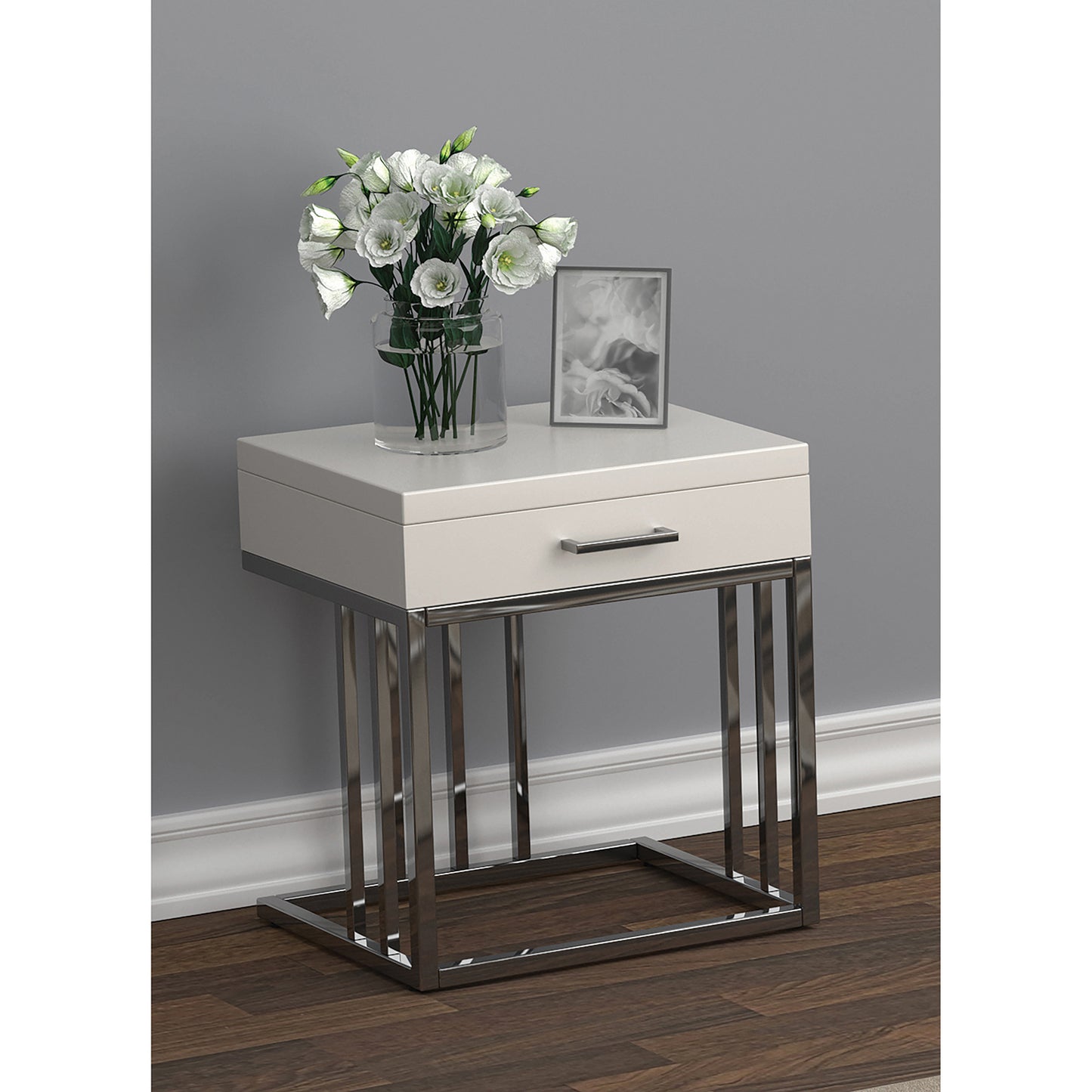 1-drawer Rectangular End Table Glossy White and Chrome