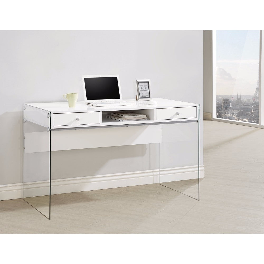 Dobrev 2-drawer Writing Desk Glossy White and Clear