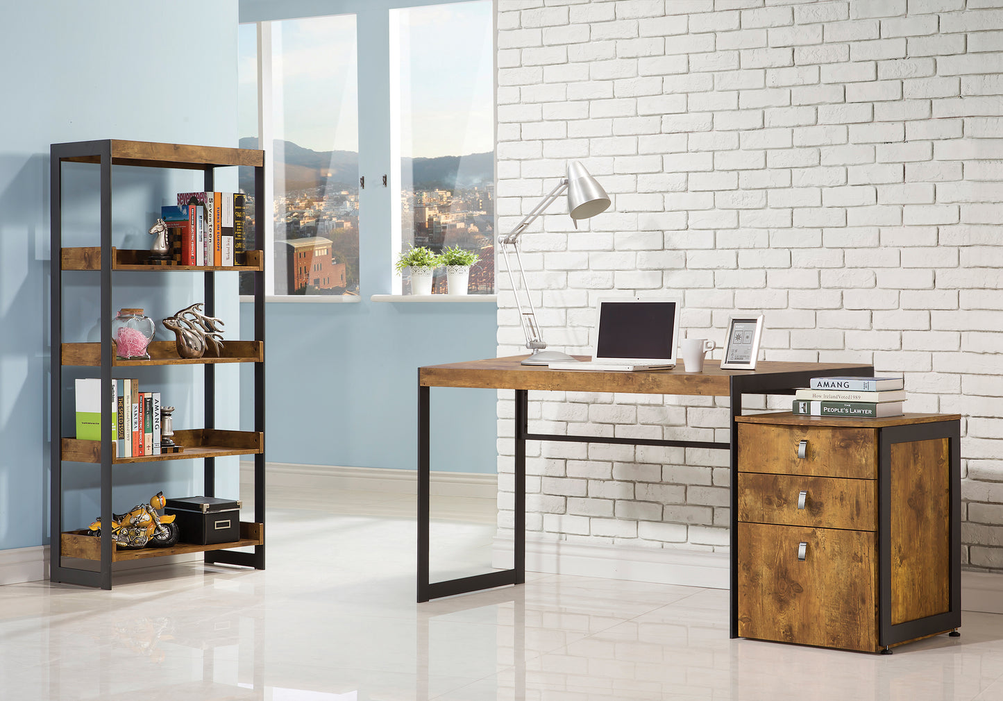 Estrella 4-shelf Bookcase Antique Nutmeg and Gunmetal