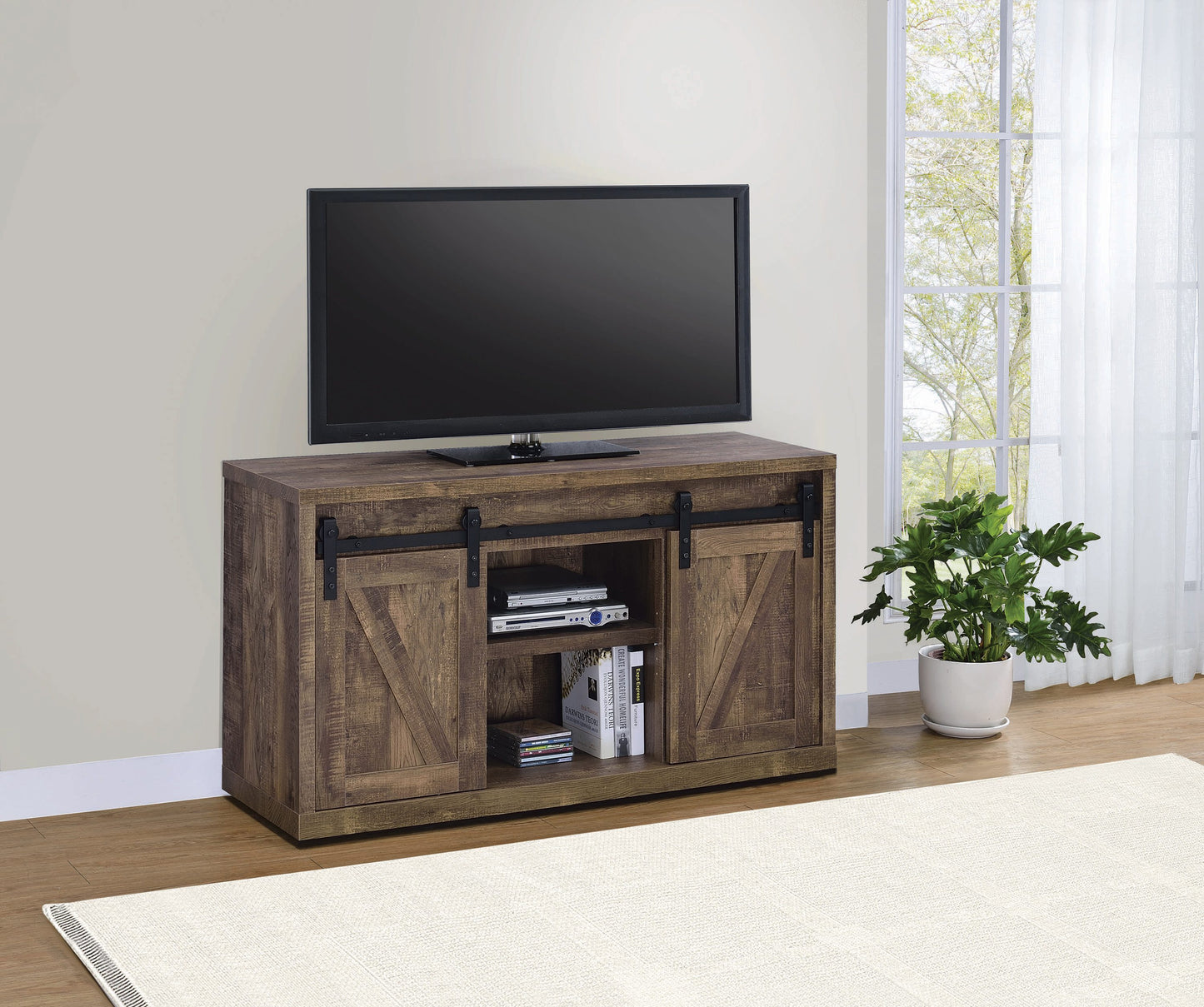 48-inch 3-shelf Sliding Doors TV Console Rustic Oak