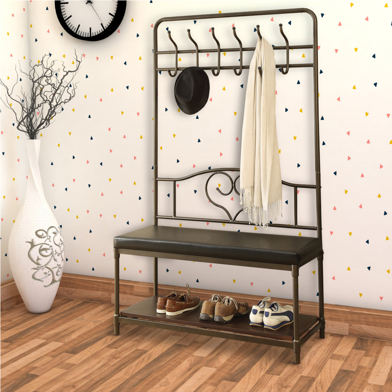 Hall Tree with 6-hook Dark Walnut and Dark Bronze