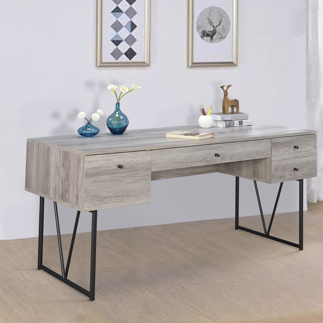 Analiese 4-drawer Writing Desk Grey Driftwood
