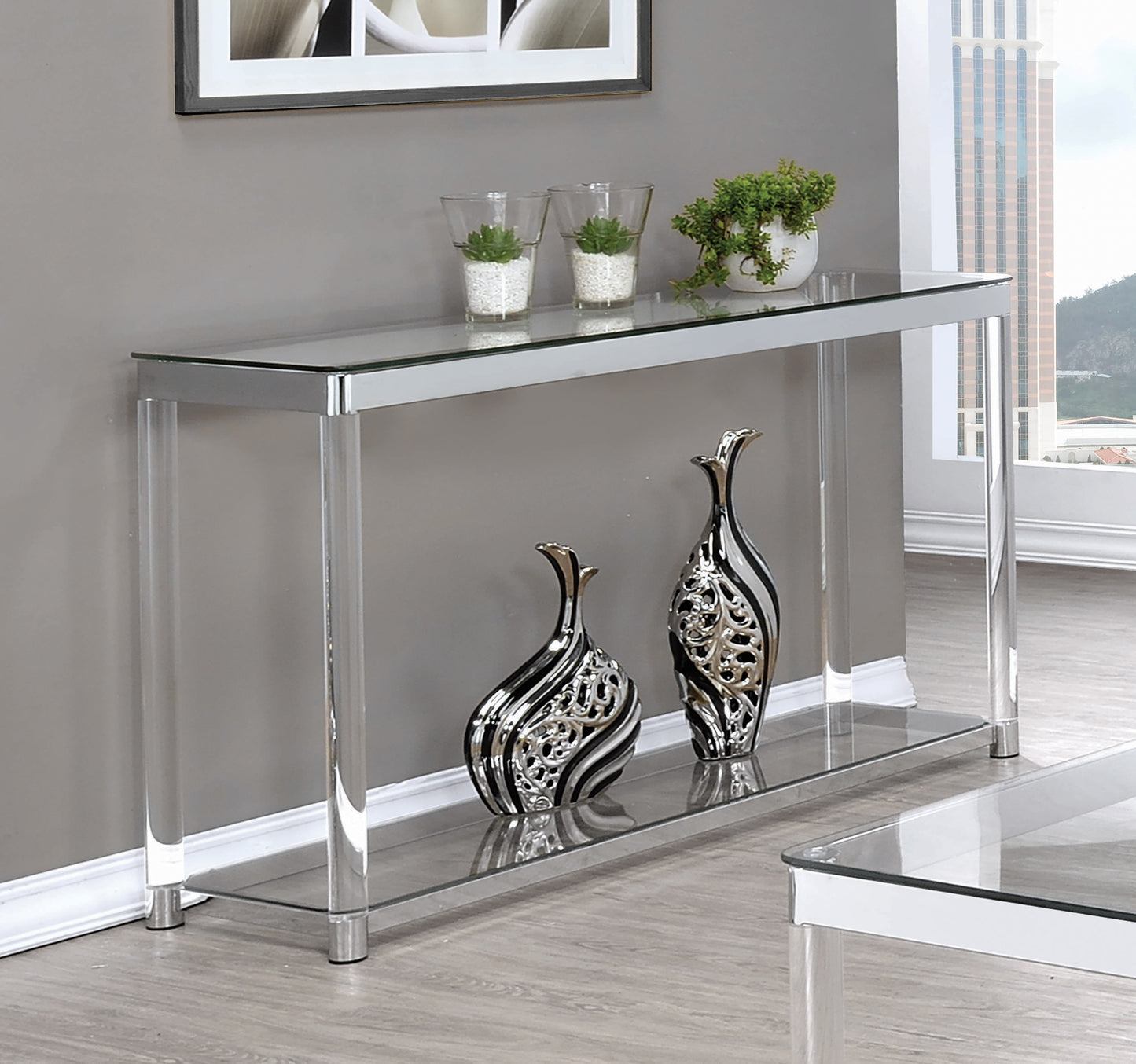 Claude Sofa Table with Lower Shelf Chrome and Clear