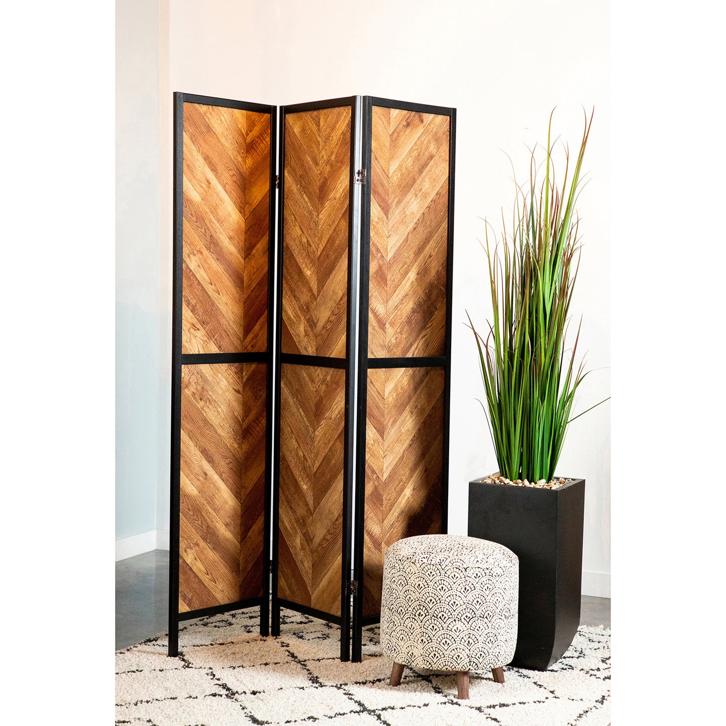 Herringbone Pattern 3-Panel Screen Rustic Tobacco and Black