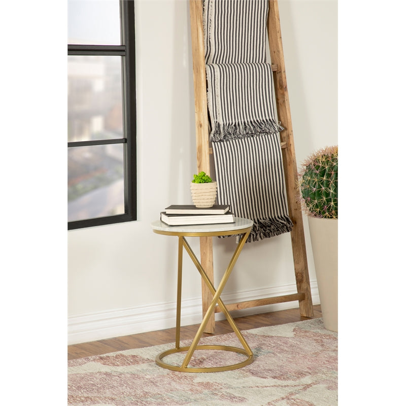 Round Accent Table with Marble Top White and Antique Gold
