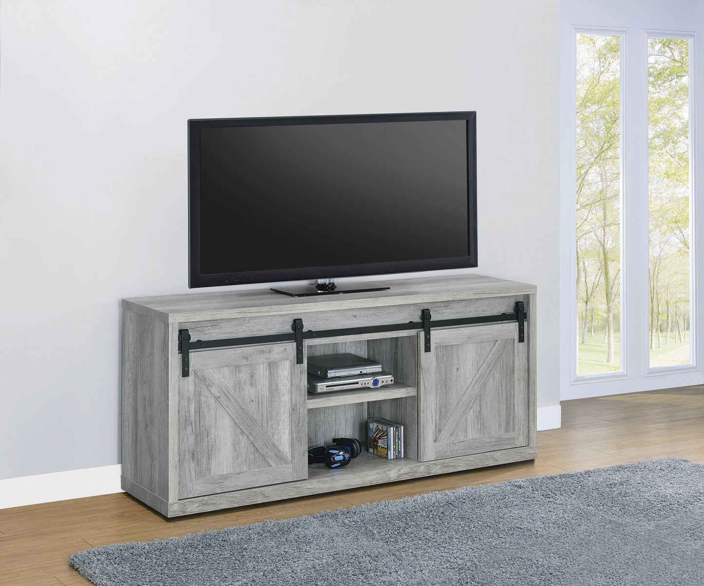 59-inch 3-shelf Sliding Doors TV Console Grey Driftwood