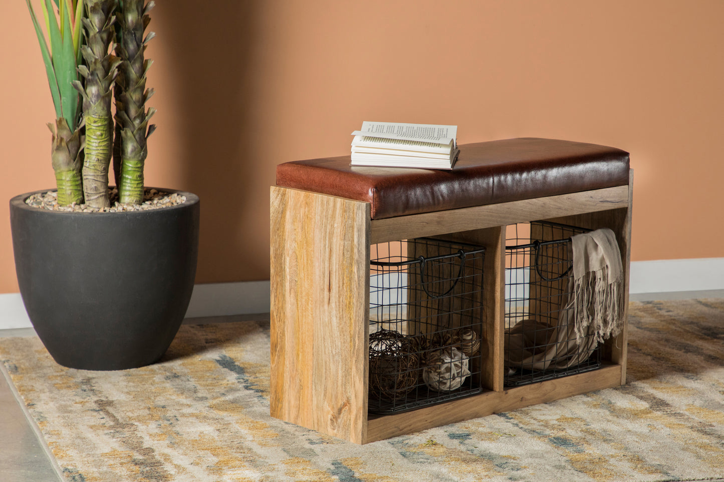 2-basket Upholstered Accent Bench Brown and Natural