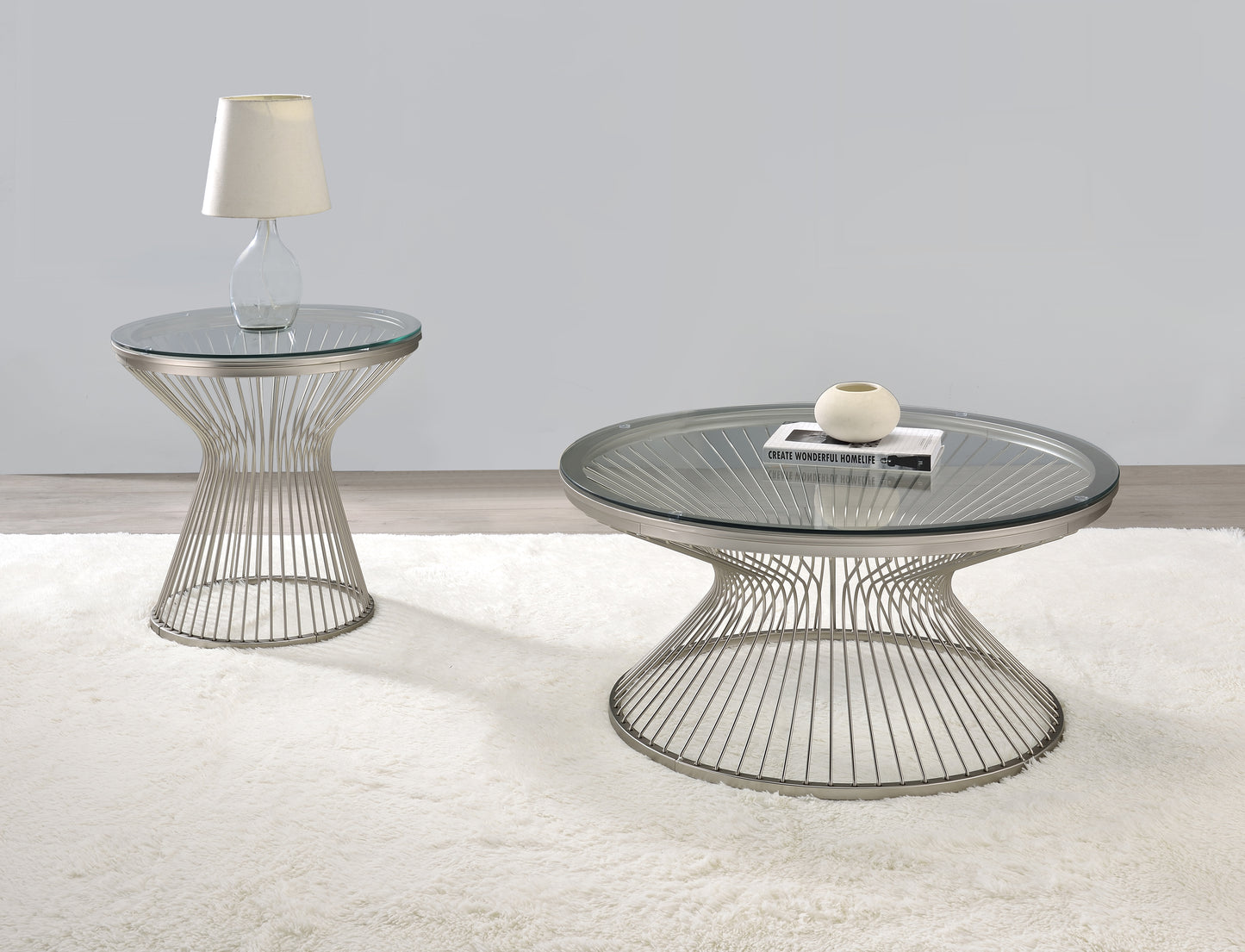 Round Glass Top End Table Satin Grey