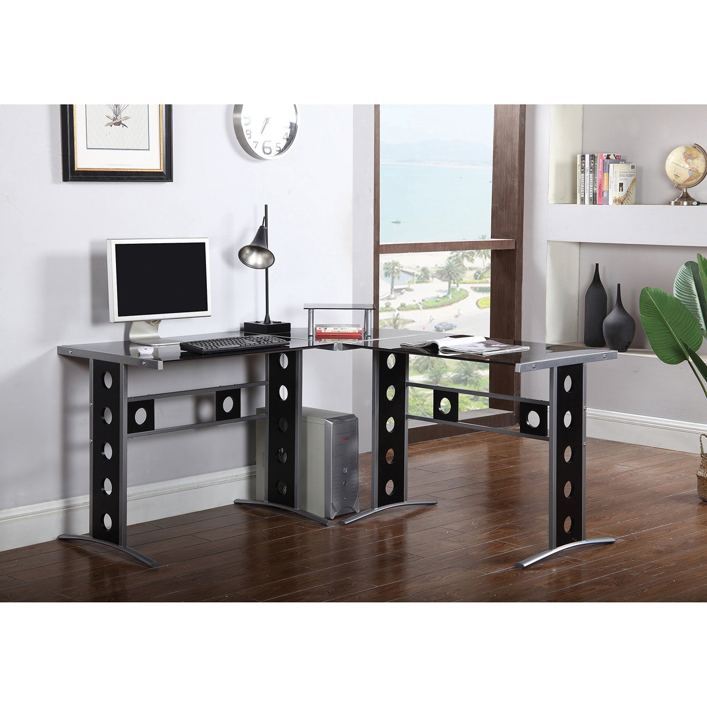 Keizer 3-piece L-shape Office Desk Set Black and Silver
