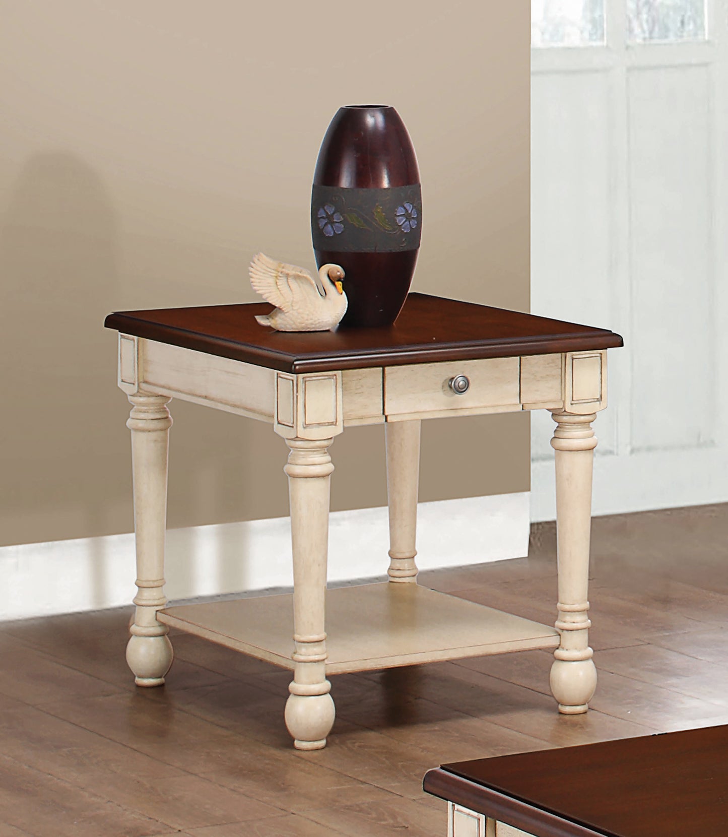 Rectangular End Table Dark Cherry and Antique White