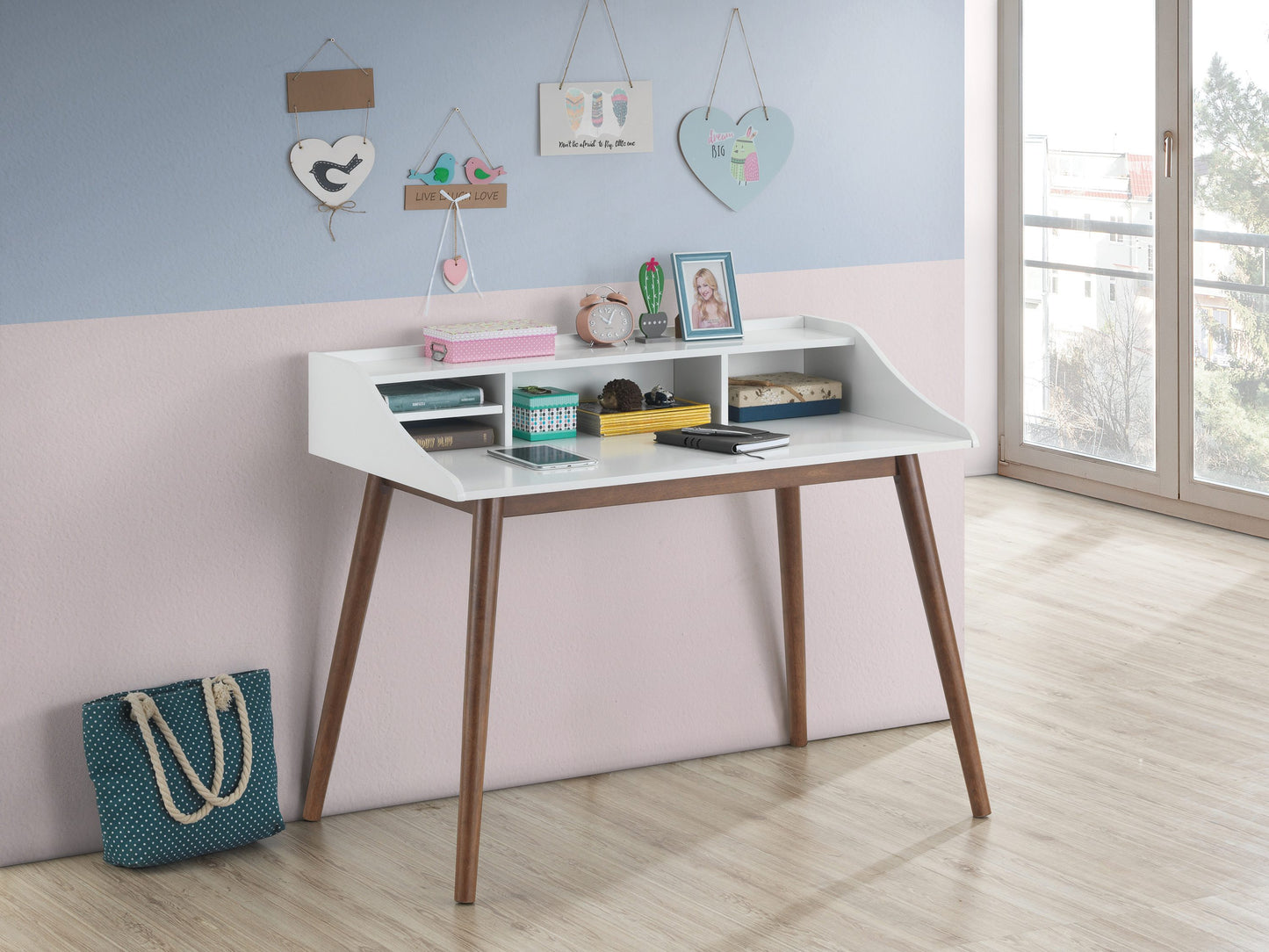 Percy 4-Compartment Writing Desk White and Walnut