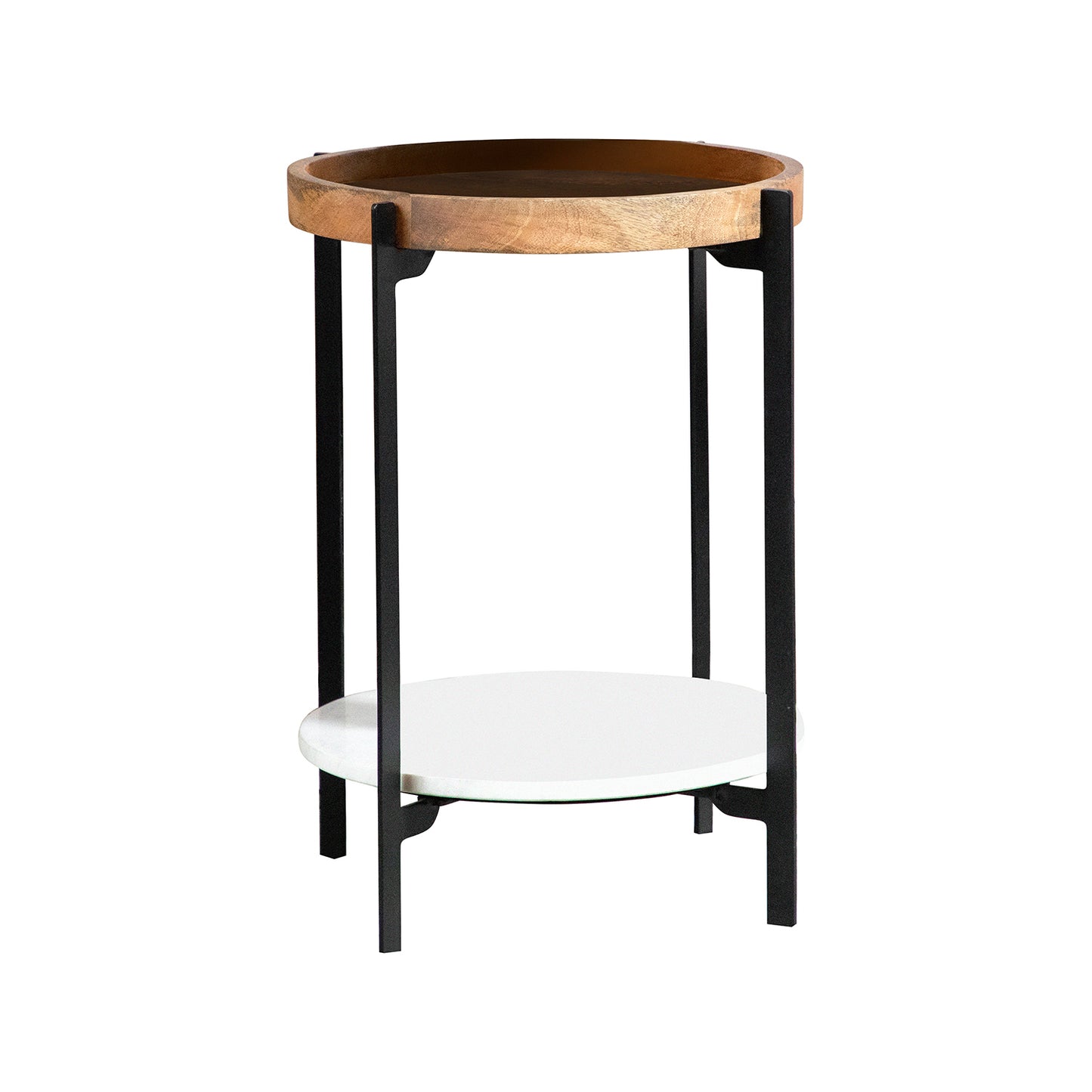 Round Accent Table with Marble Shelf Natural and Black