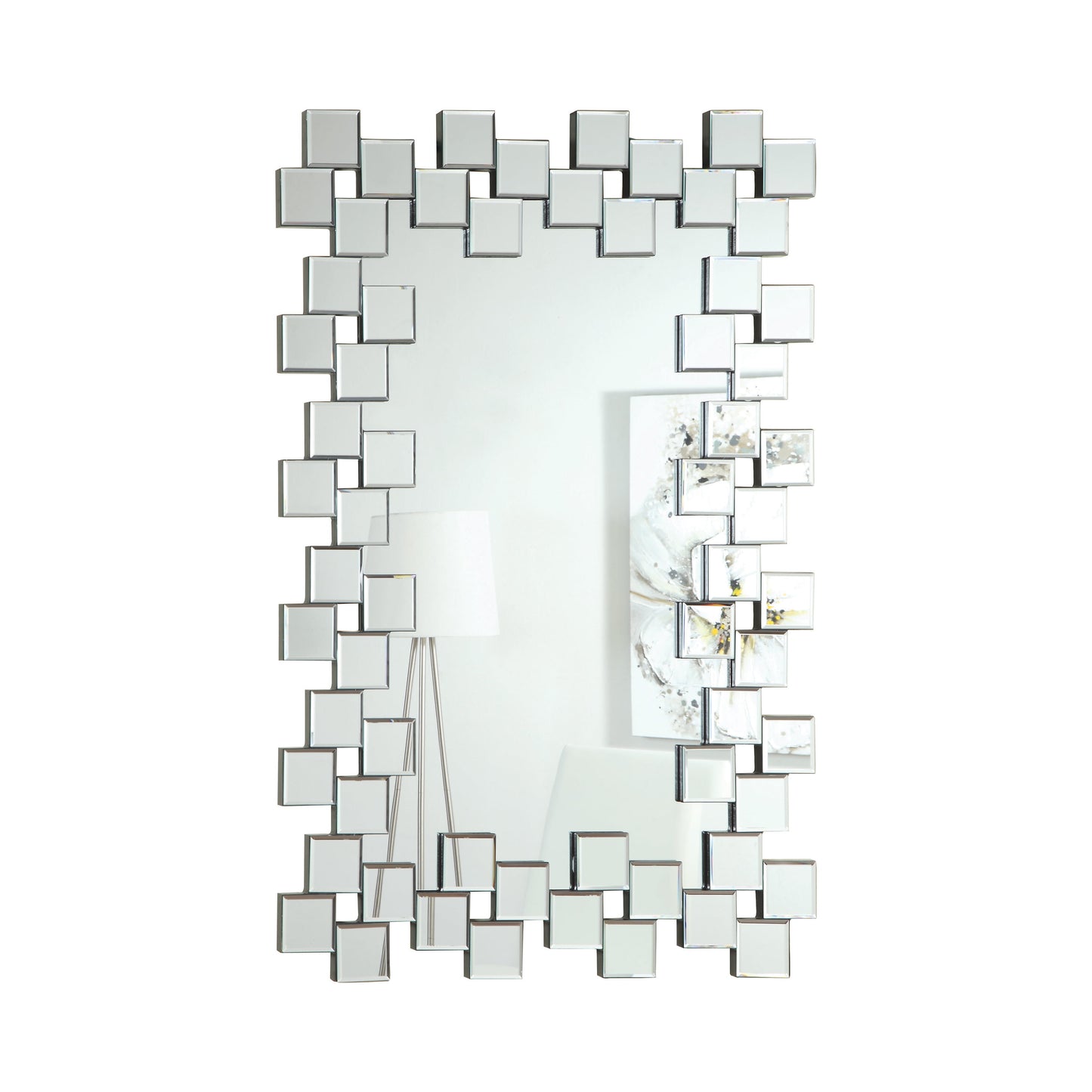 Frameless Wall Mirror with Staggered Tiles Silver