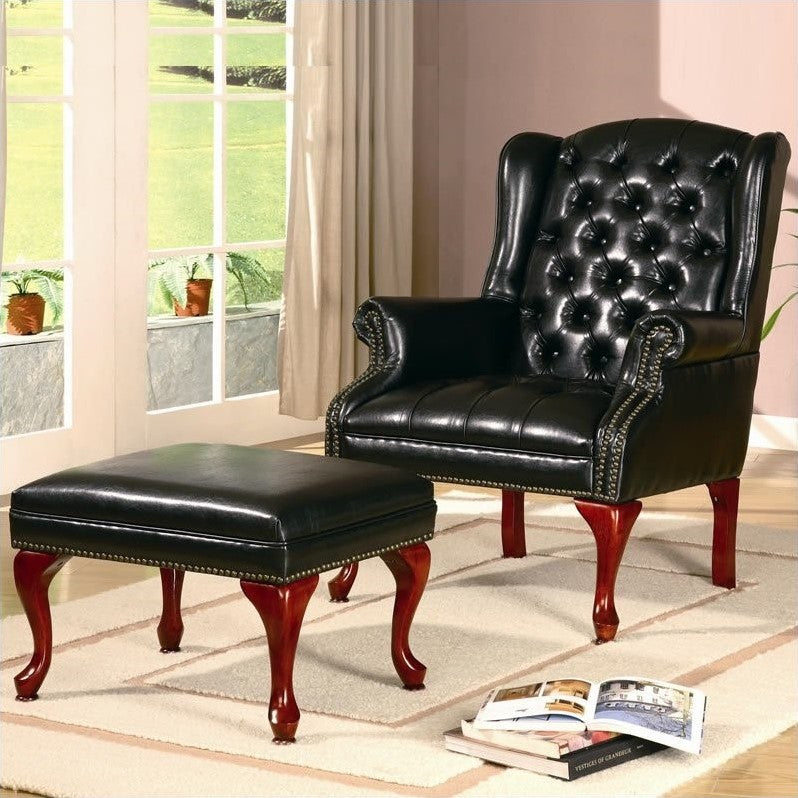 Button Tufted Back Accent Chair with Ottoman Black and Espresso