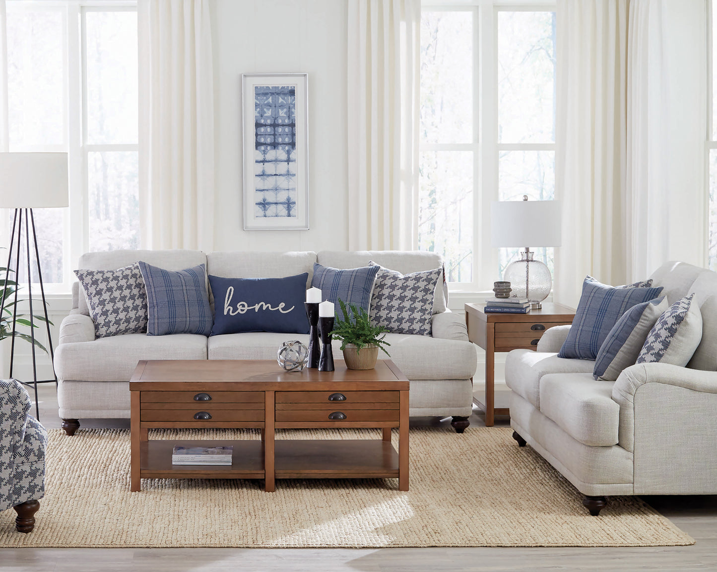 Glenn 3-piece Recessed Arms Living Room Set Light Grey and Blue