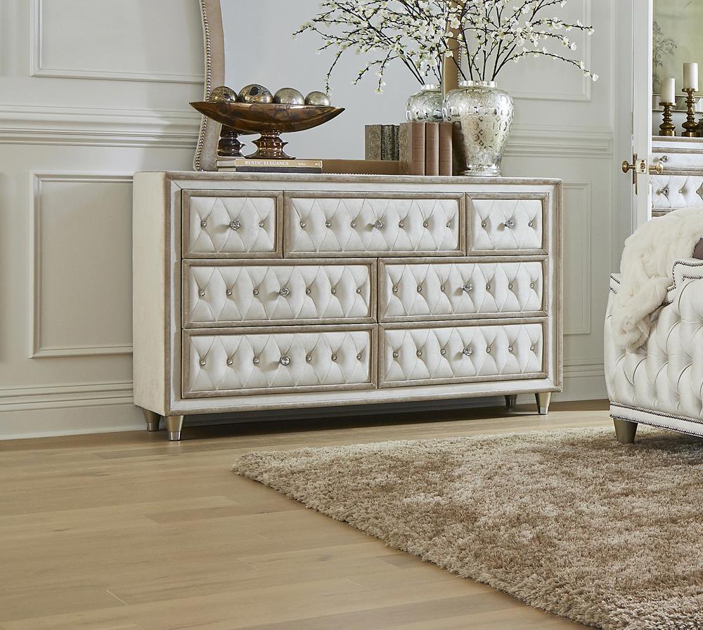 Antonella 7-drawer Upholstered Dresser Ivory and Camel